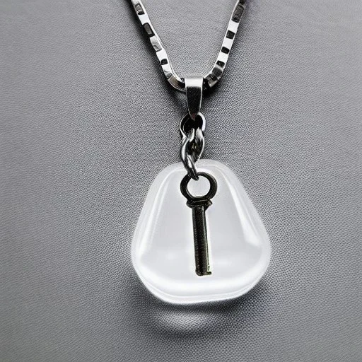 Clear polyester necklace with a chunky silver pendant in the shape of a key