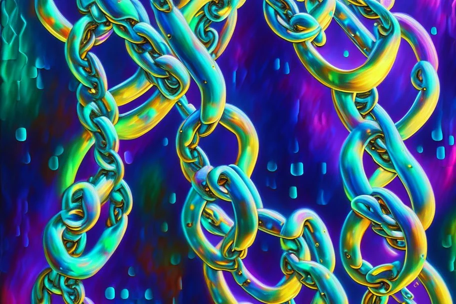 Interlocking colorful holographic biolunimescent metal chains, infinity highly detailed elegant fantasy oil on canvas cinematic lighting 4k beautiful fantastic view colourful Van Gogh acrylic art