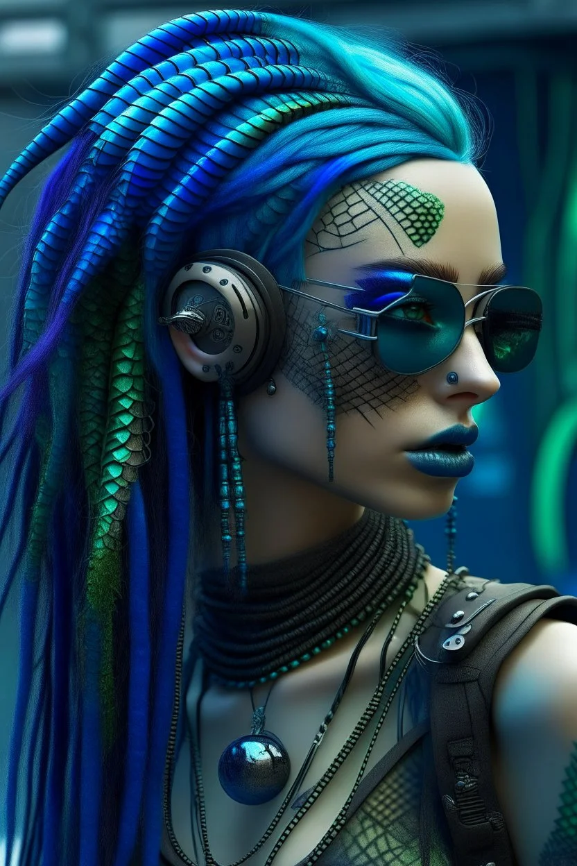 mermaid cyberpunk some fish scales on face indigo hair dreadlock sunglasses