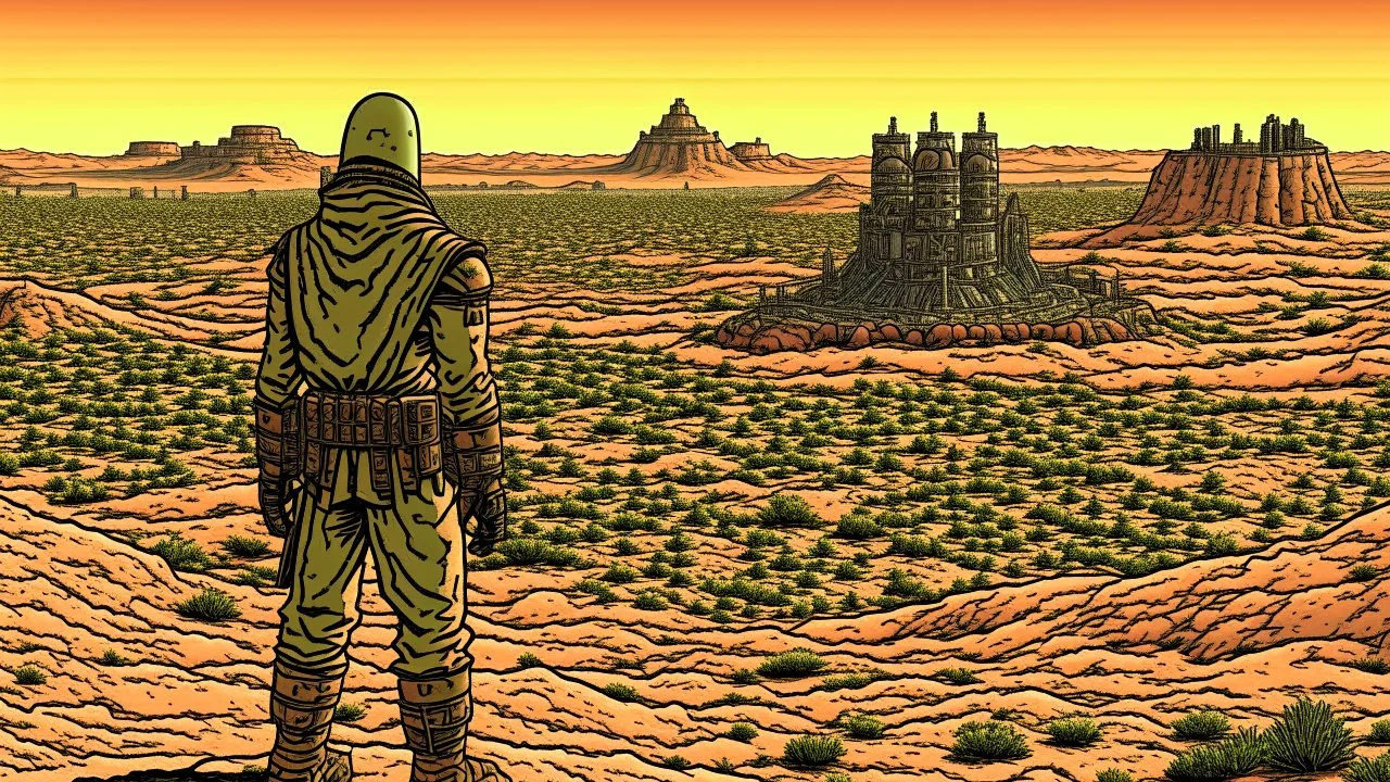 Desert warrior from behind looking at a city in the distance, comic style
