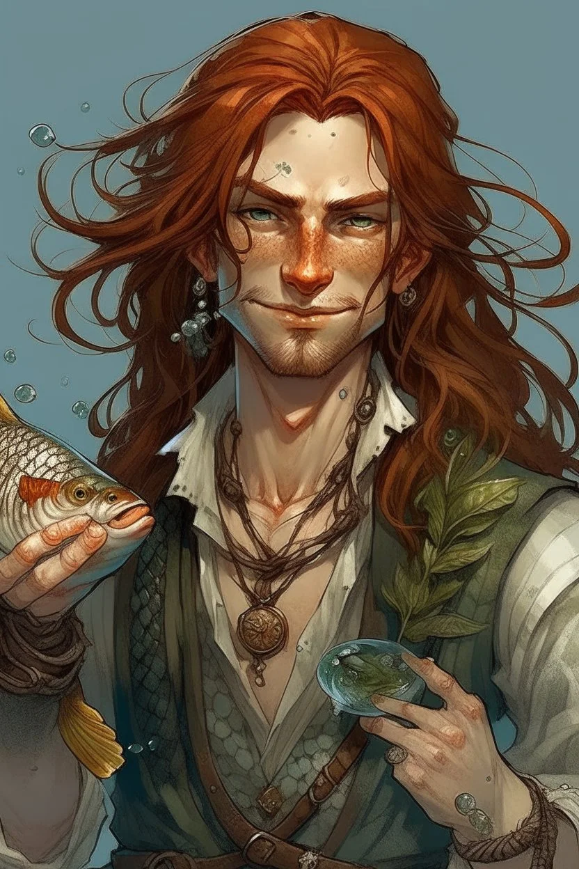 wet pirate nereid male with fish scaled skin, freckles and seaweed in long auburn hair