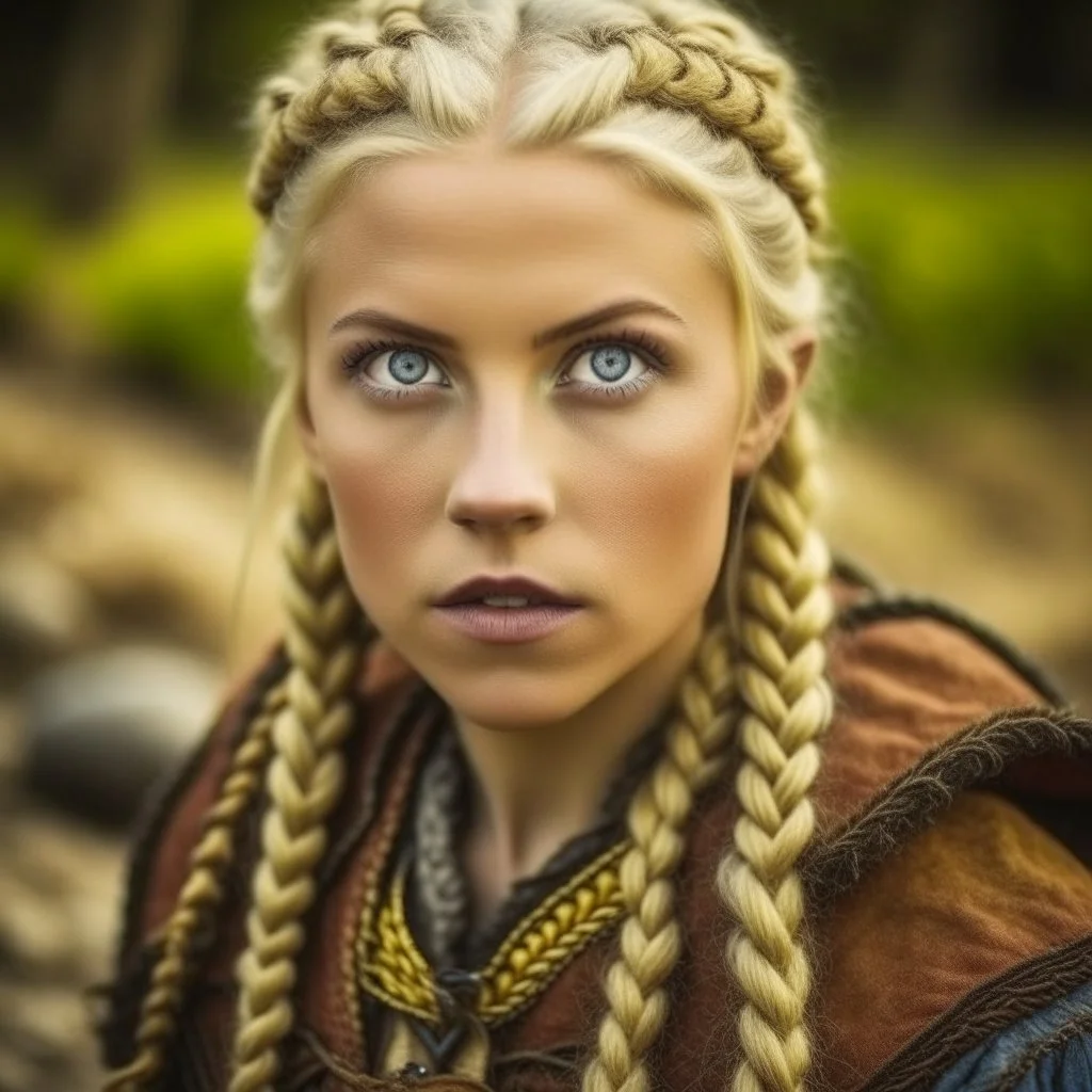 Blue eyed traditional blonde Viking woman with nature