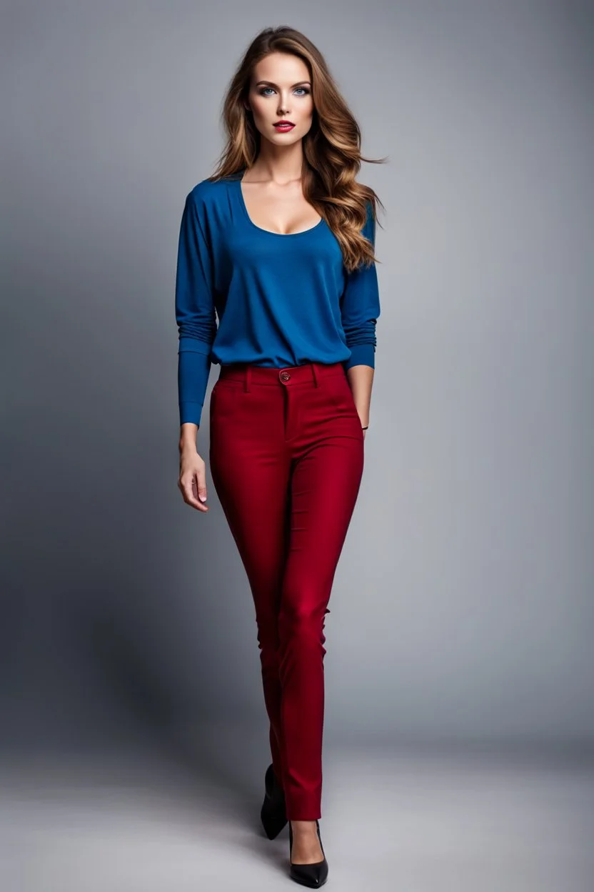 fullbody shot of young-beautiful-german girl-with-a-perfect-face-with-make-up-wearing- blue top and dark red pants standing , prophesional photography studio