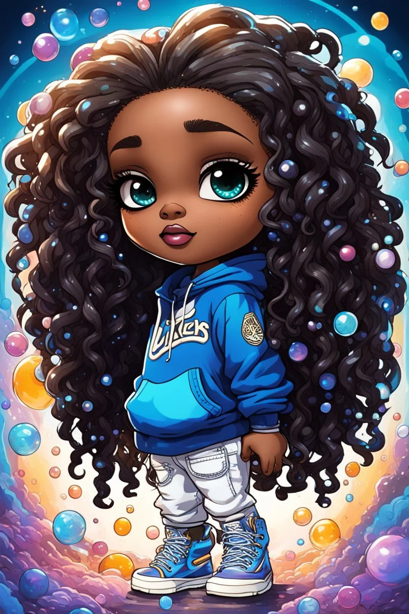 Create an colorful psychedelic comic book illustration of a chibi cartoon black female thick curvy wearing a cut of blue and white hoodie and white jeans and timberland boots. Prominent make up with long lashes and hazel eyes. Highly detailed shiny sister locs. Background of a large bubbles all around her