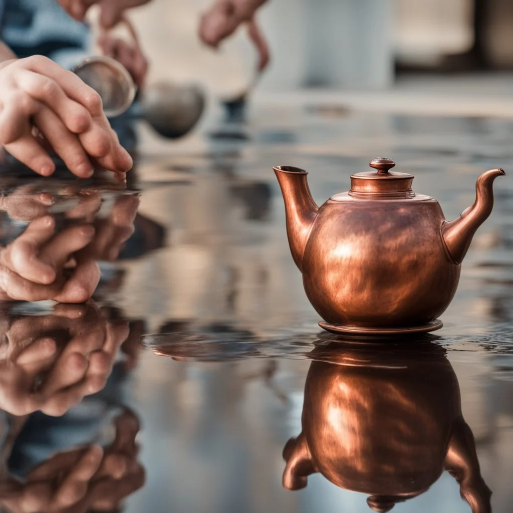 The reflection of a child on the surface of an old copper teapot