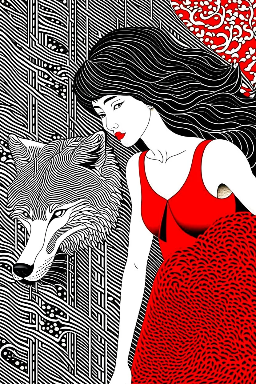 Girl in red dress and big wolf, high quality, highly detailed, Imagine an enchanting illustration inspired by the fusion of Aubrey Beardsley, Chiara Bautista, and Hayao Miyazaki, The composition blend Beardsley's intricate Art Nouveau lines, Bautista's emotionally charged and symbolic characters, and Miyazaki's whimsical and fantastical world-building, The central theme revolve around a surreal and emotionally resonant scene, featuring characters with symbolic elements and set against a backdrop