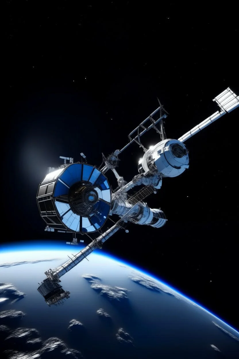 In a sci-fi starry sky background, a slender space flexible robotic arm is located on the satellite.The images have high resolution.