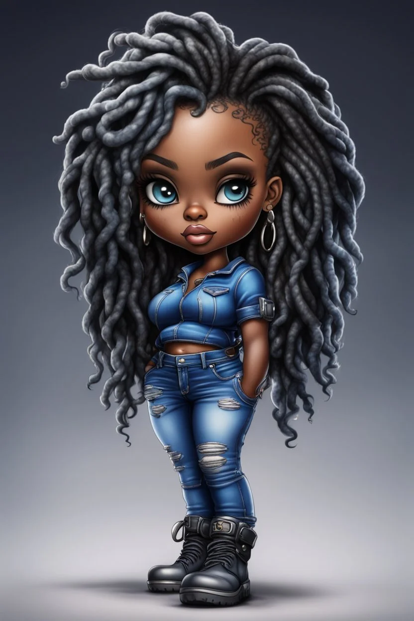 create an airbrush illustration of a chibi cartoon voluptuous black female wearing a blue jean outfit with biker boots. Prominent make up with hazel eyes. Extremely highly detail of a twisted dreadlocks. Background of a bike show.