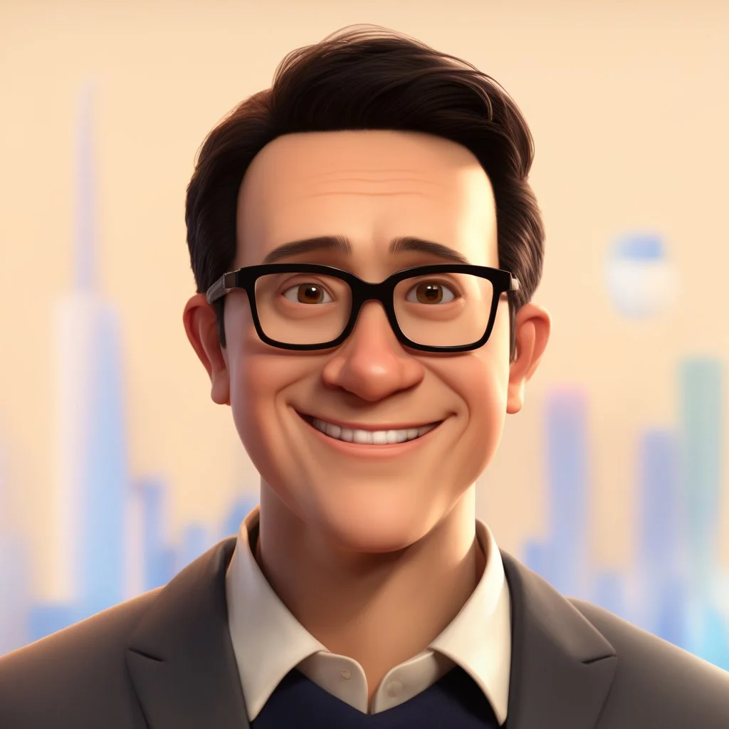 a portrait of smiling a man. carricature. mature. boss. dark black hair. short hair. light brown skin. dark brown eye pupils. wearing small rectangle, thin frame glasses. square face shape. formal dress. pixar style. 3D. 4k. portrait. highly detailed. sharp focus. high resolution. full color. cinema lighting