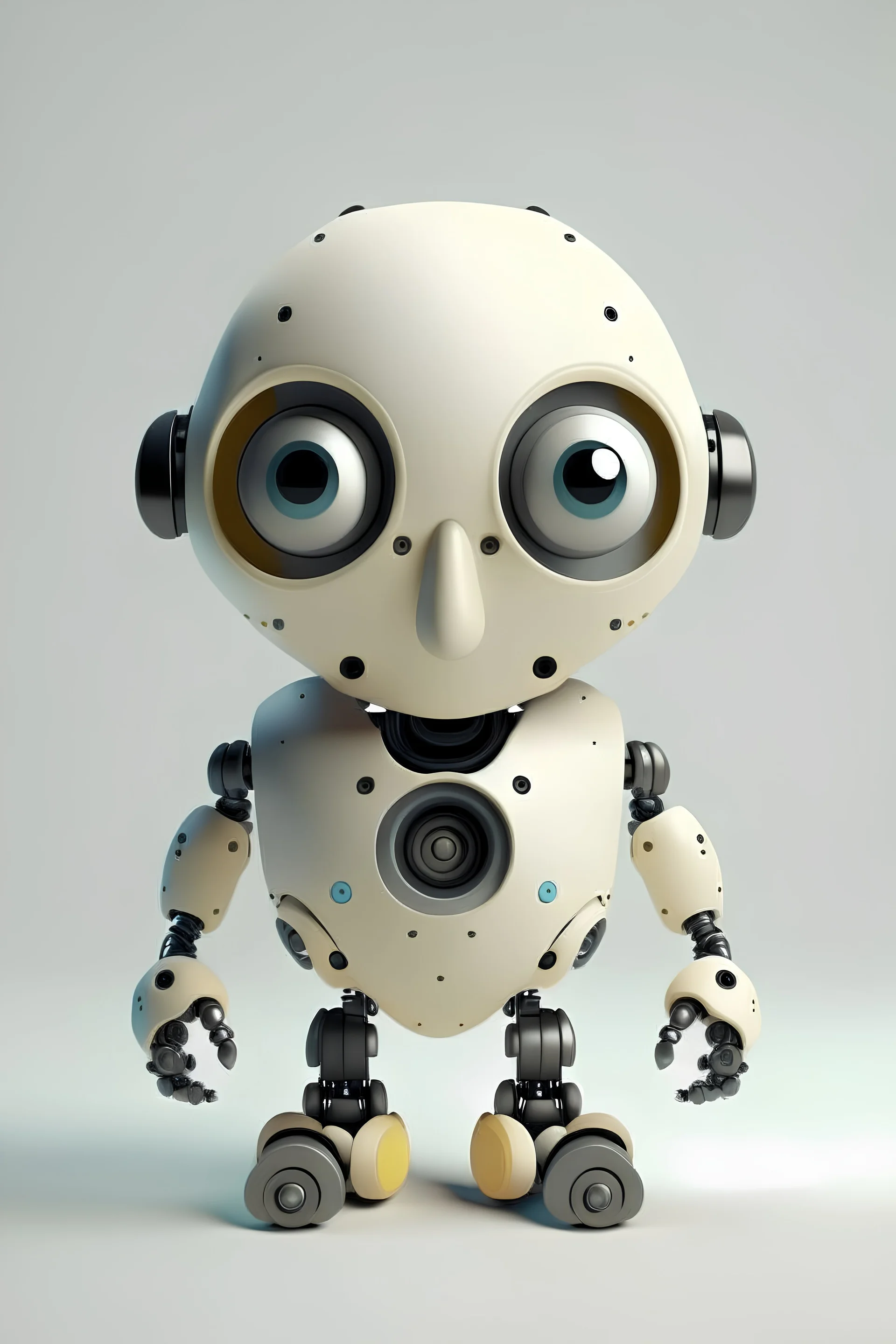 robotic kid with screws instead of eyes. minimalistic and clean enviroment.