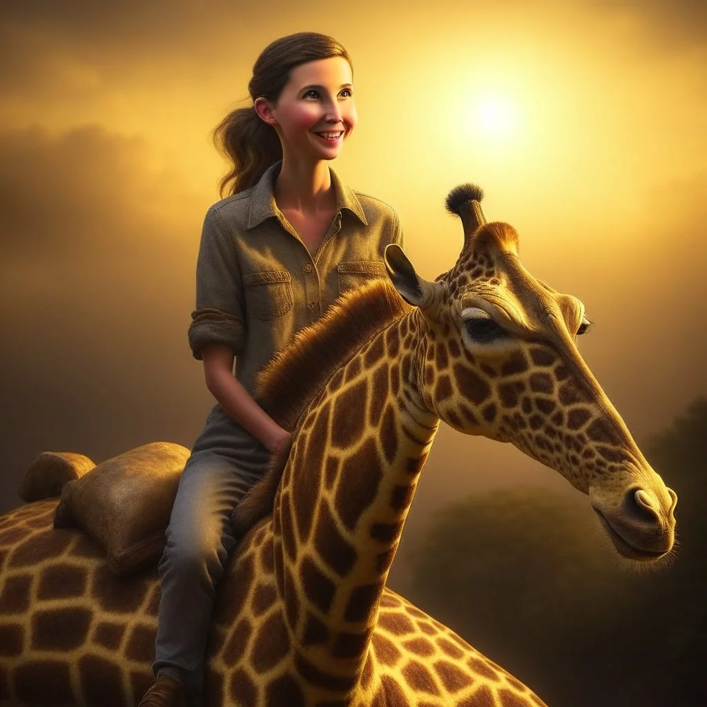 women riding a giraffe, 8k, downlight, soft light, depth of field, photorealism, trending on art station, lotsa detail