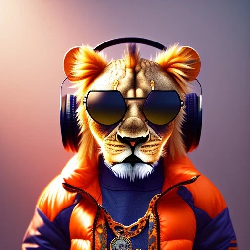 Lion toddler, smile, steampunk headphone, sunglass, gangsta neckless, full body, orange puffer jacket, tokio background, dramatic lighting, hyper realistic, unreal engine 5, 16k