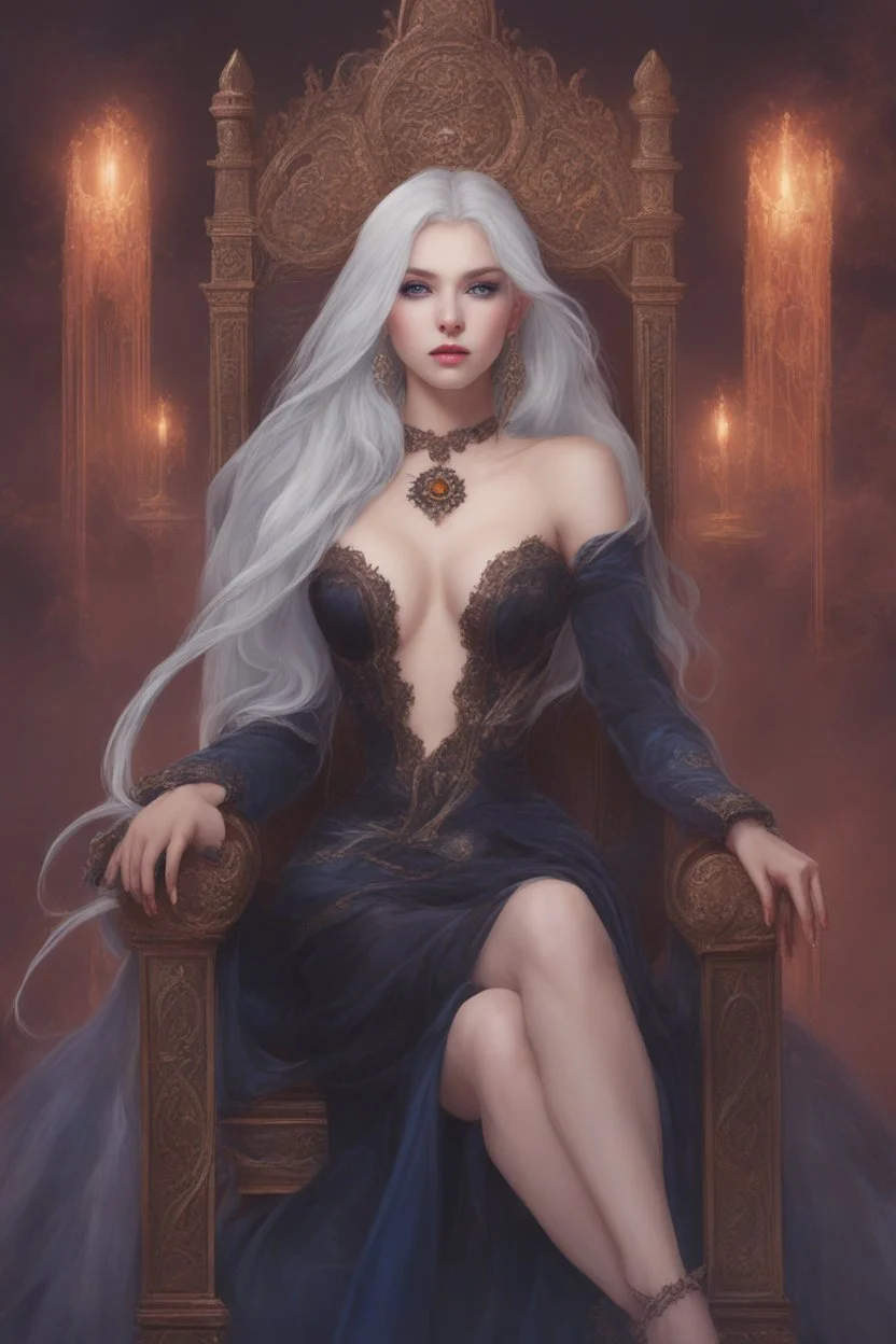 Moon queen long white hair, black robes, blue eyes