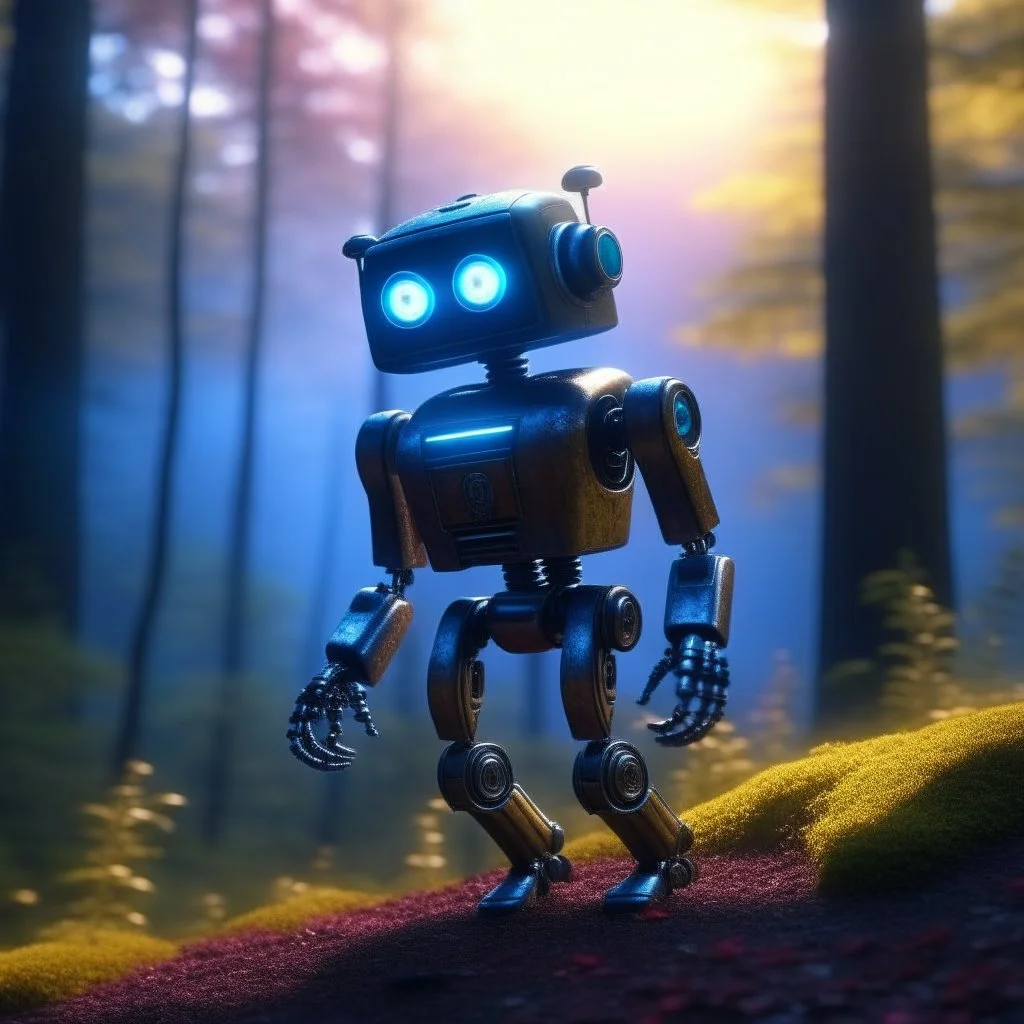 clairvoyant robot , on a mission through the seasons, hills and trees, motion blur, 8k, downlight, soft light, depth of field, photorealism, trending on art station, lotsa detail