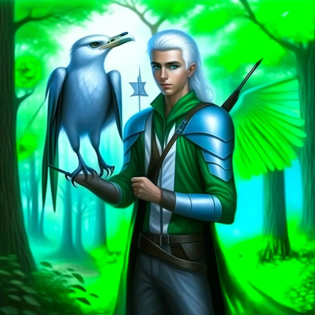 Please create an image for a young elven male with light brown skin, silver hair, and green eyes. He is standing outside in the forest during springtime, wearing leather armor and wielding a large crossbow. He is accompanied by a mechanical bird, a walking suit of armor, and an owl