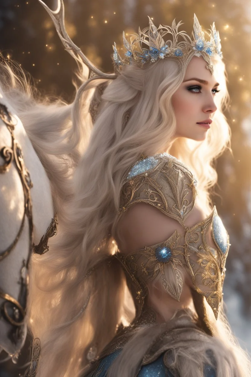 Elven princess,elven crown,long white blonde golden hair,rapunzel hair,ice flowers,beautiful,light blue,dark blue,golden armor,sparkle,glitter,ice flowers,snow,elven ears,dark fairy princess