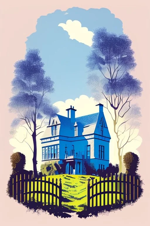 Disused, Victorian Manor House, Blue Sky, Over-Grown Fields, Vector Art