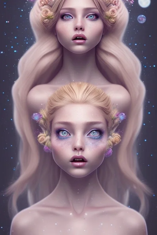 fairy style, head, women, portrai,long hair sketch of a girl on lined paperA beautiful one nude body of a make up smiling woman blond long hair, alone, high key lighting, volumetric light high details with white stripes and blue eye, smiling with plump pink lips, flowers around, unreal engine petit prince belle fine, profil de trois quart, grand front cosmique, peau bleu cristalline, yeux bleu, perle sur le front long cheveux blond et rose etoilé, cristaux sur le corps, collier de grande prince