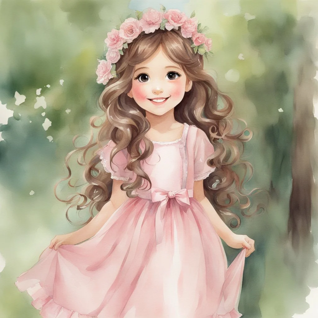 watercolor, full body, cute smile girl, curly hair, big eyes, long brown hair, pink dress, pink shoes, white backgrownd