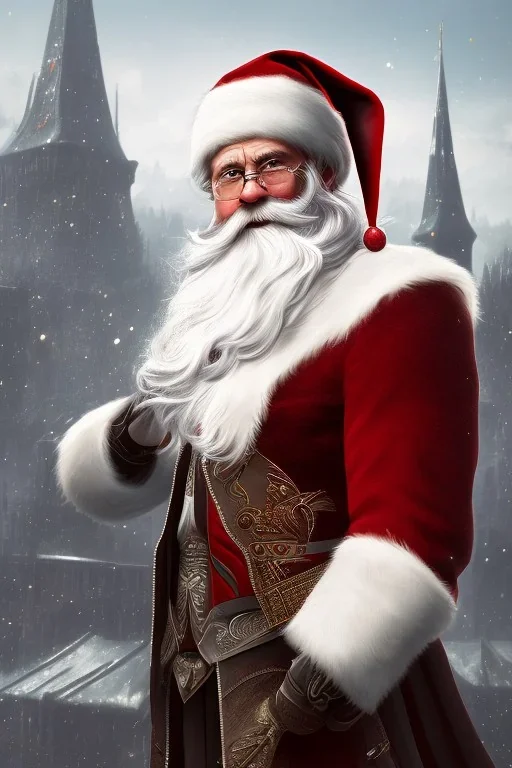 Santa Cruz with long Beard in red assassin Creed clothes,full detail face, high details, cool 1800 city background,