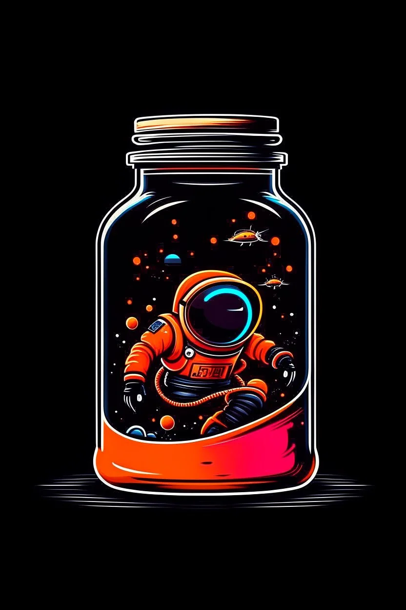 astronaut in a mason jar that's themed to look like a spaceship traveling to mars. The spaceship has engine fire coming out of the back, and the whole style should be that of a tech company logo.