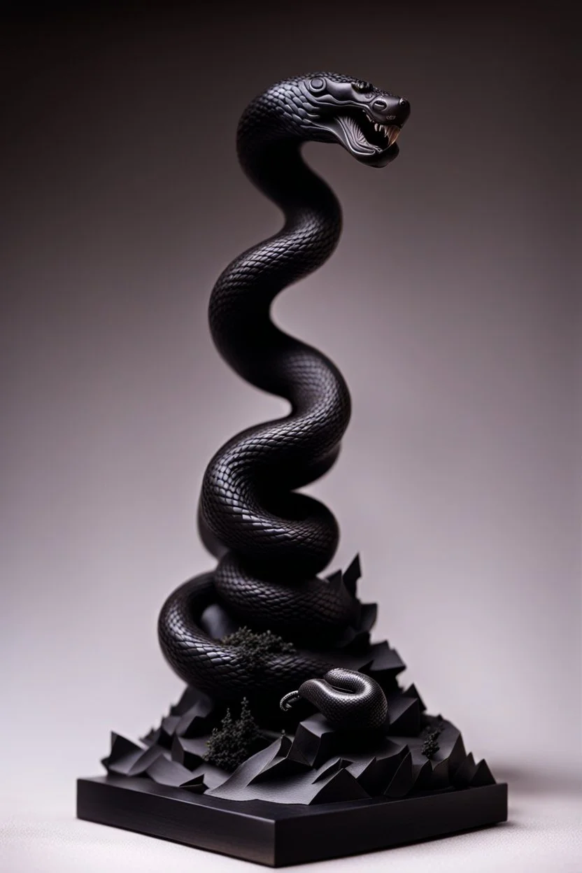 an ominous small statuette made of ebony in the form of a mountain with the snake slithering around the mountain