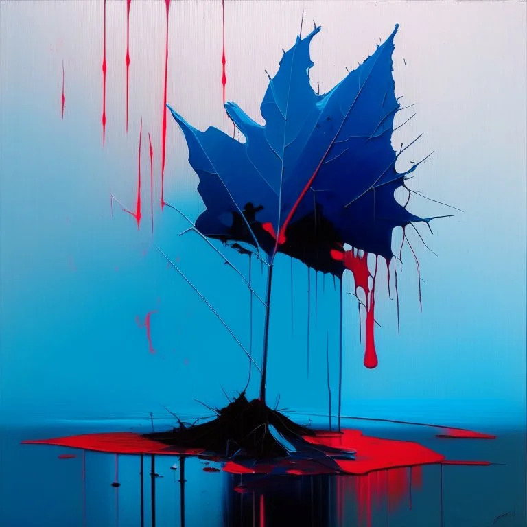 Minimal abstract flat oil painting of a neon red large leaf plant in landscape. With triadic blue colours. Dripping paint. In the style of Justin Mortimer and Phil Hale, Ashley Wood