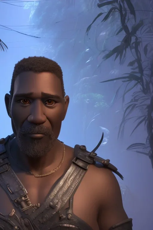 3D render of a cyberpunk tribal old black man, gray hair and goatee, on a dark blue jungle background, digital art