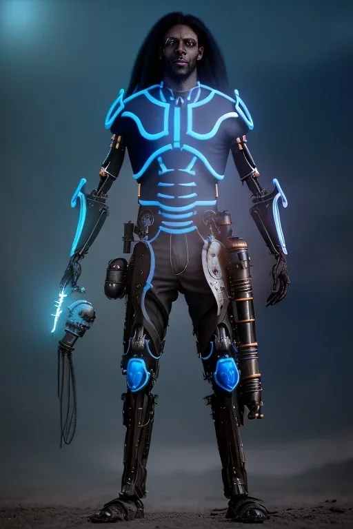 full body portrait of a male dark elf, dark skin, with long white hair, haunting blue eyes, and wearing a steampunk exoskeleton powered by gears for a quadriplegic, in high fantasy style