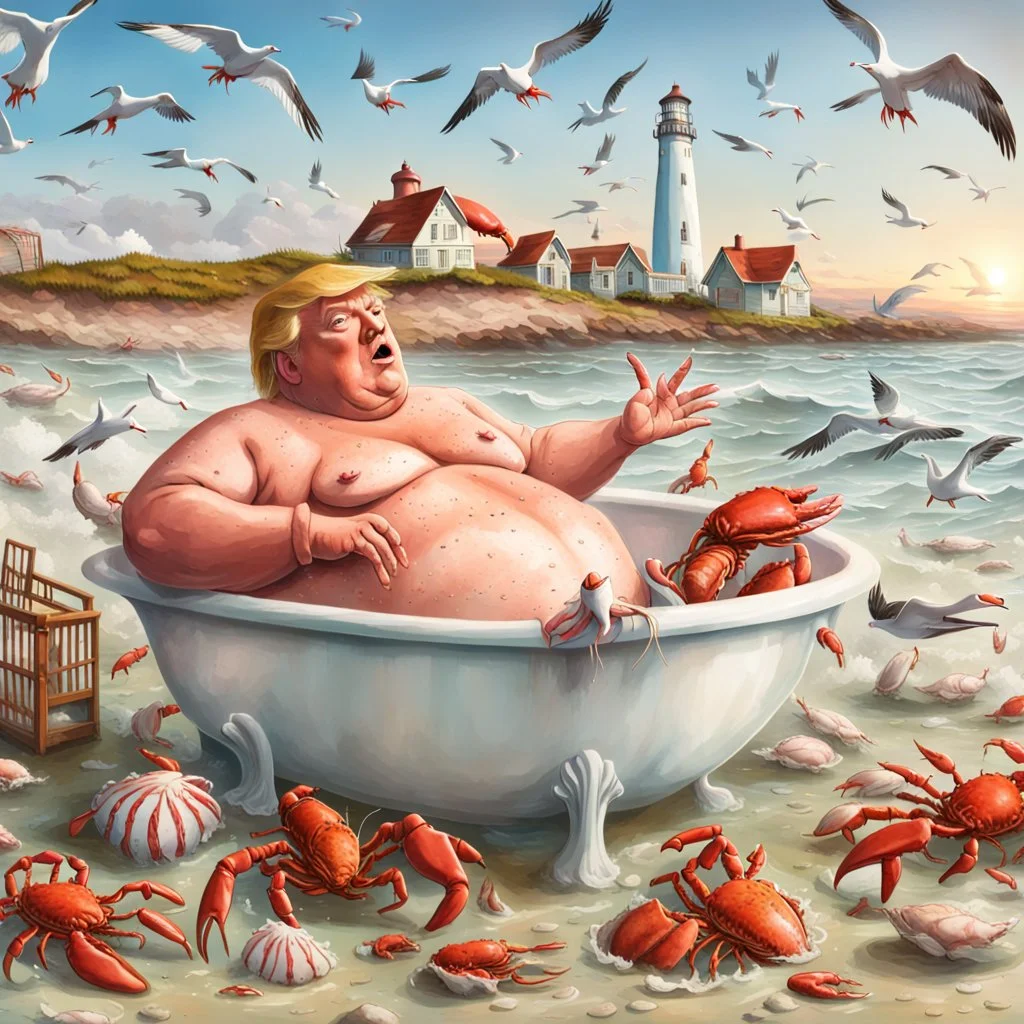 Donald Trump as a Fat man in a claw foot bathtub sinking in the ocean. Surrounded by seagulls, lobsters and crabs. there is a colorful light house in the background.