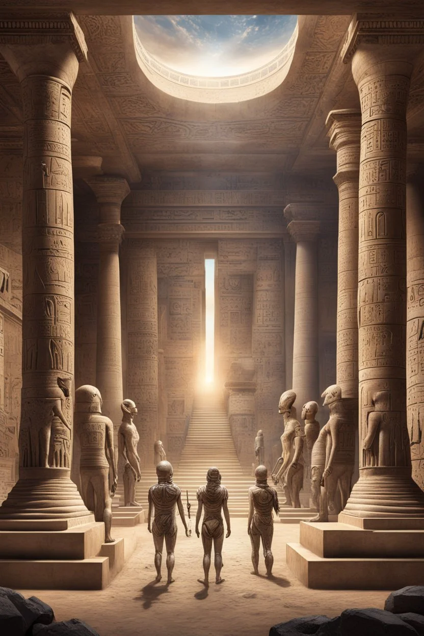 An extremely detailed photorealistic image depicting the ancient astronaut theory, featuring {alien beings interacting with ancient human civilizations, advanced technology amidst ancient structures}, set in {an ancient Egyptian temple, with hieroglyphs and monumental statues}. Hyper-realistic, inspired by the works of {Erich von Däniken, Giorgio A. Tsoukalos, David Hatcher Childress}. Shot with a high-resolution camera, using a {wide-angle lens}, under {natural sunlight}. Ultra-high-definition,