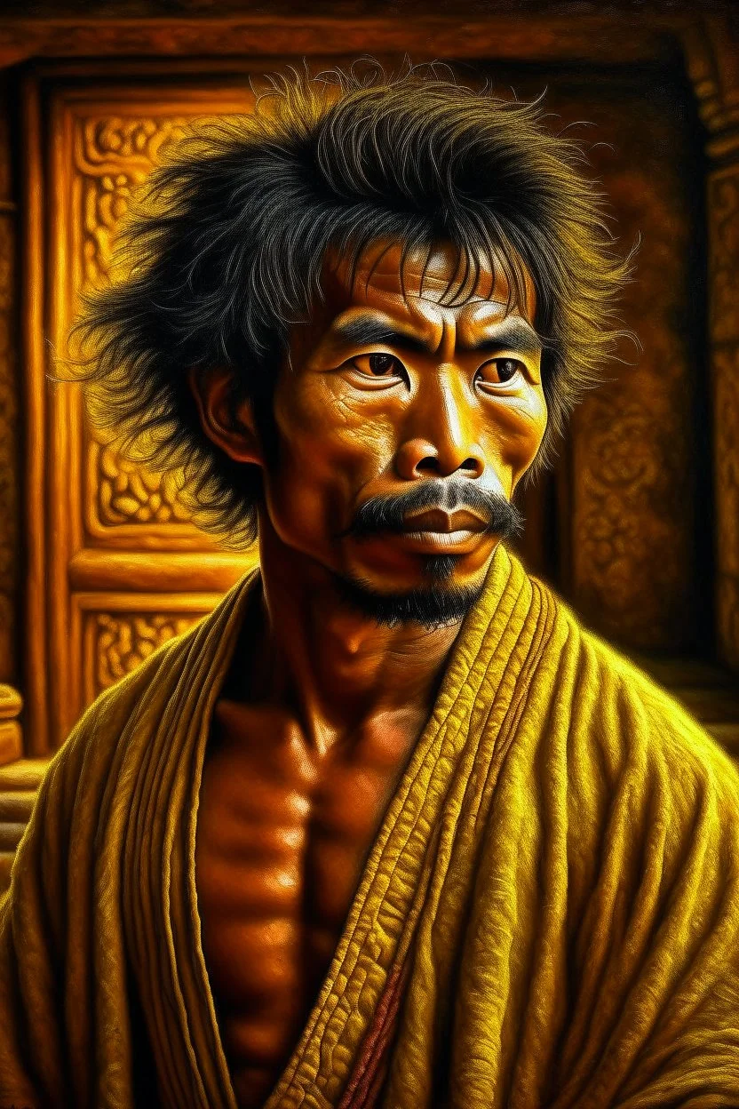 the style of ong bak,upper body,Robert Matthew Van Winkle was raised in a secluded monastery, where the tiger monks devoted themselves to the study of ancient martial arts and the pursuit of inner peace. He was an orphan, brought to the monastery's doorstep as a baby, and the monks raised him as one of their own. photorealism, depth of field, lightrays, downligh, anime