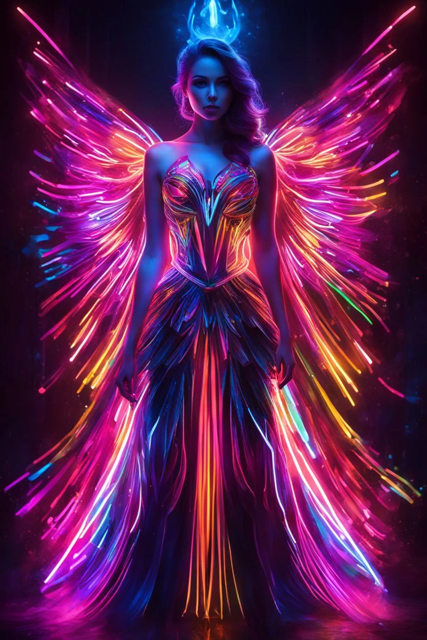 Beautiful woman with dress art neons glowing bright light in the dark and colorful details