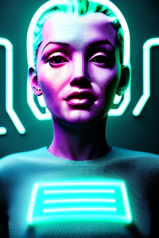 Ultra Realistic image, portrait, blonde woman, Marylin Monroe face, perfect iris, glow eyes, glow makeup. Cyborg, Cyberpunk, ex machina style, wires connected, oversized tight latex dress. fog, rain, soft color, highly detailed, unreal engine 5, ray tracing, RTX, lumen lighting, ultra detail, volumetric lighting, 3d, finely drawn, high definition, high resolution.