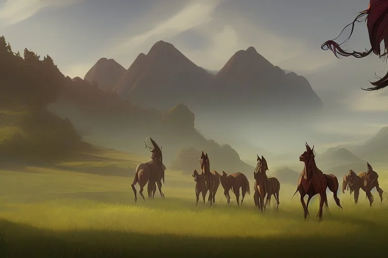 illustration fantasy horses of different colors in a field from afar