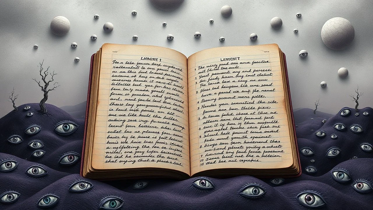 3d, egy kinyitott régi kockás füzet kézírással írva egymás alatti hosszab, és rövidebb sorok, szavak, és listák egymás alatt, de nem olvasható betükkel, around weird whimsical landscape sharp lines, many different size fade pale eyes, fog, dark purple, gray, black, white, brown. nightmare style of Chagall , of Minjae Lee and Anton Semenov, Bosch, lonely in neurotipical life, neuron network background, surreal vibe