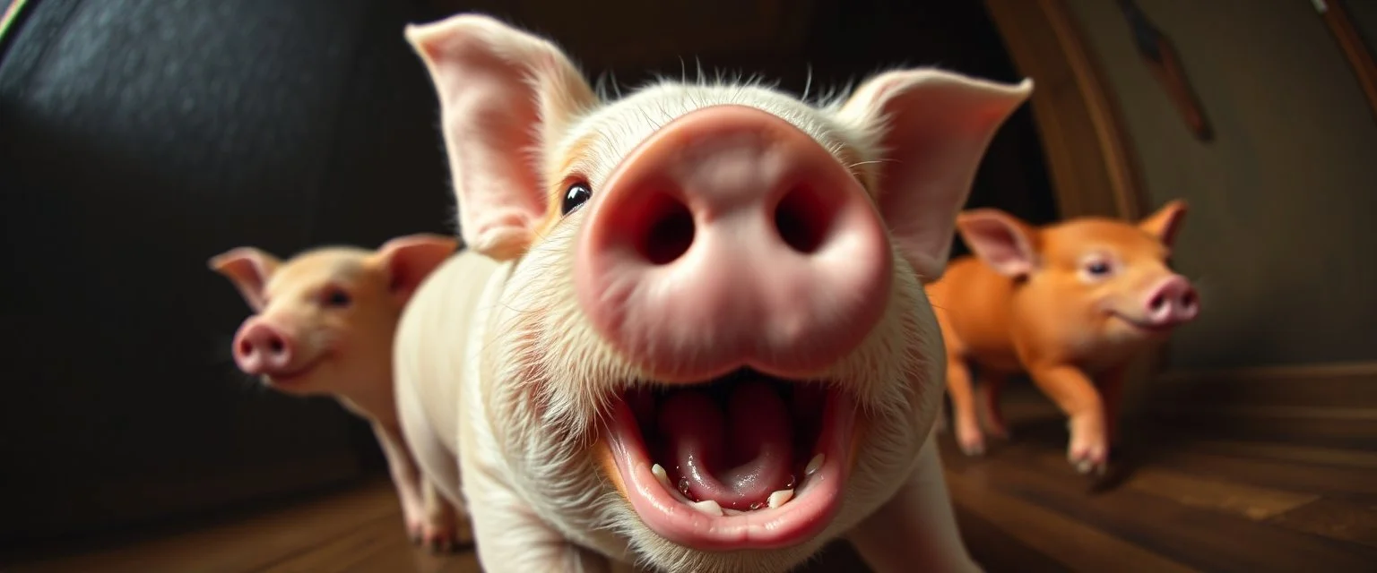 pin hole cam, master oil painting by Rembrandt, marsipangris løper panisk fra stor stor munn