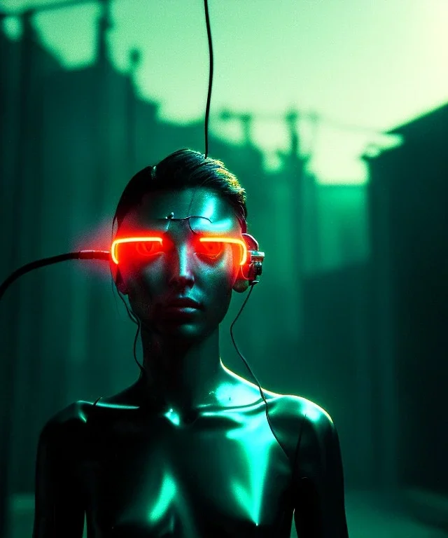 Ultra realistic photographic night portrait, cinematic, brunette woman, <hanging wires> <retro monitor> many wires coming out of the head <perfect pupil> <cyborg arm> <garage> <wide angle Shot> <retro futuristic> <thriller>, led lights, color fog, soft color, highly detailed, unreal engine 5, ray tracing, RTX, lumen lighting, ultra detail, volumetric lighting, high definition.