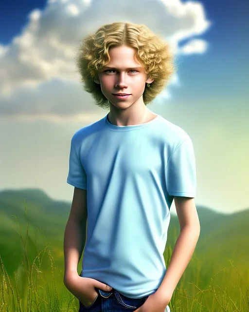 full length photograph of a beautiful 12 year old boy with long, blonde curly hair and light blue eyes, smiling, standing on a green hill in summer, highly detailed, smooth, photorealistic, HDR