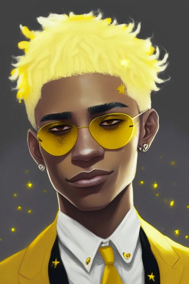 Realistic young man with fluffy yellow hair, big black eyes, yellow freckles, small black earrings, smirk, light brown skin, yellow tuxedo, yellow star sunglasses on head