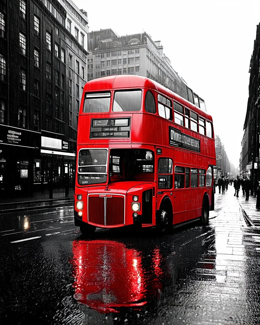 arafed red double decker bus on a city street in the rain, selective color effect, red selective coloring, colour splash, on a wet london street, london bus, black and white and red colors, * colour splash *, monochrome and red color bleed, black white and red colors, color splash, red and black and white, black and white and red