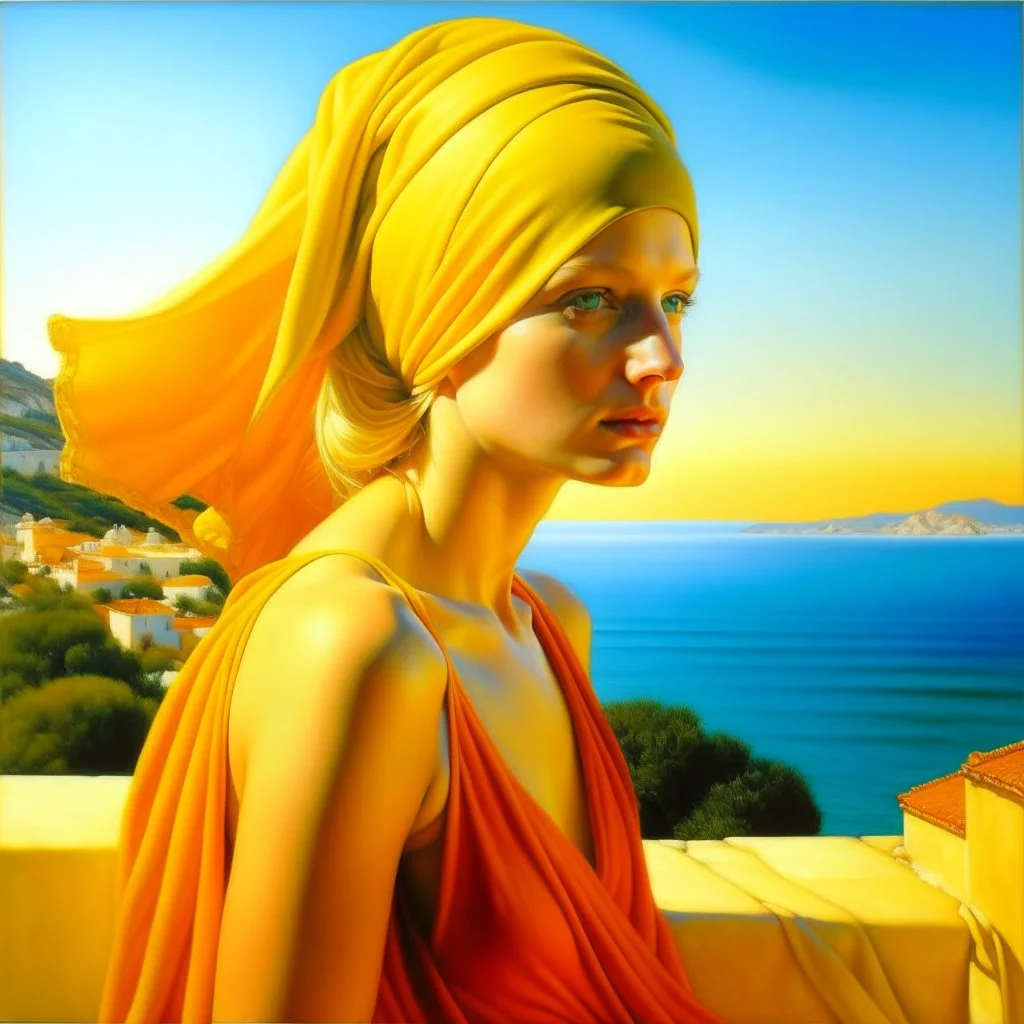 Neoclassicism realistic yellow orange cote d'azur sea woman