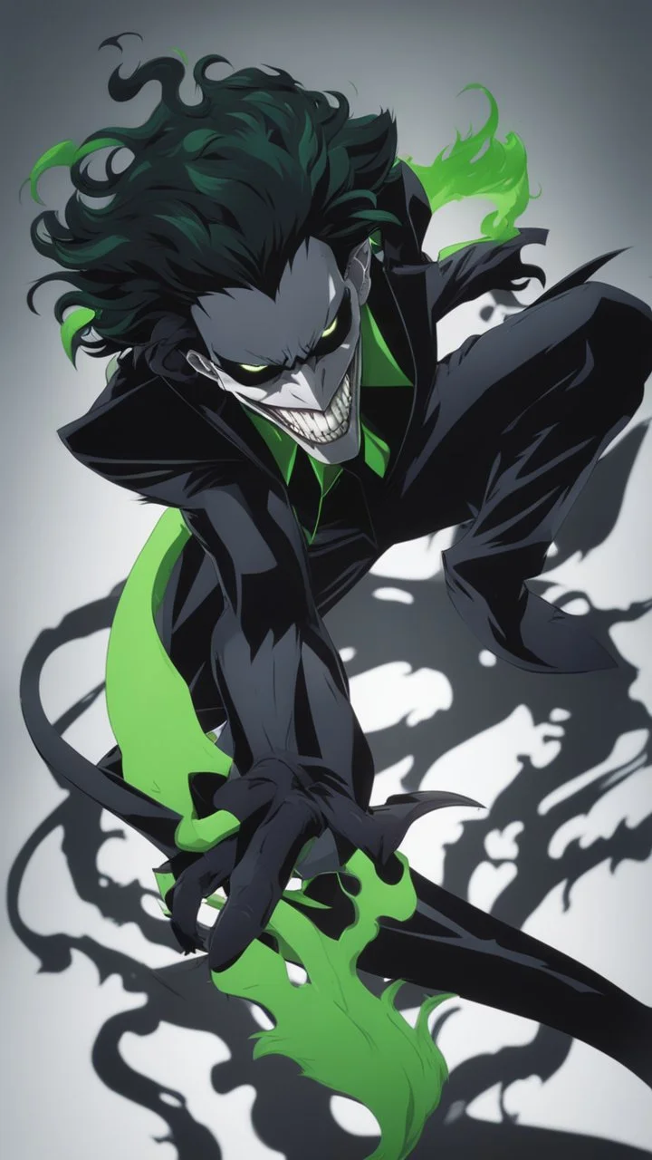 A very close picture to Mix between the joker and venom symbiote in solo leveling shadow art style with neon green details