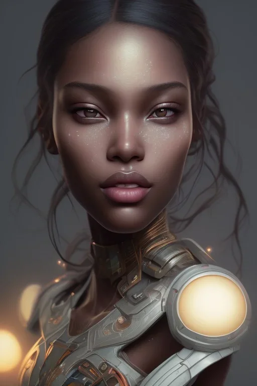 girl, cute, beautiful, makeup, dark skin, casual clothes, head and shoulders portrait, 8k resolution concept art portrait by Greg Rutkowski, Artgerm, WLOP, Alphonse Mucha dynamic lighting hyperdetailed intricately detailed Splash art trending on Artstation triadic colors Unreal Engine 5 volumetric lighting