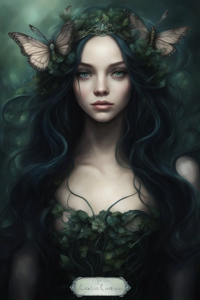 Water lilies Da long hair Dark Fairy princess queen crown butterflies dragonflies fireflies elven tiara flowers fairy wings emerald moss