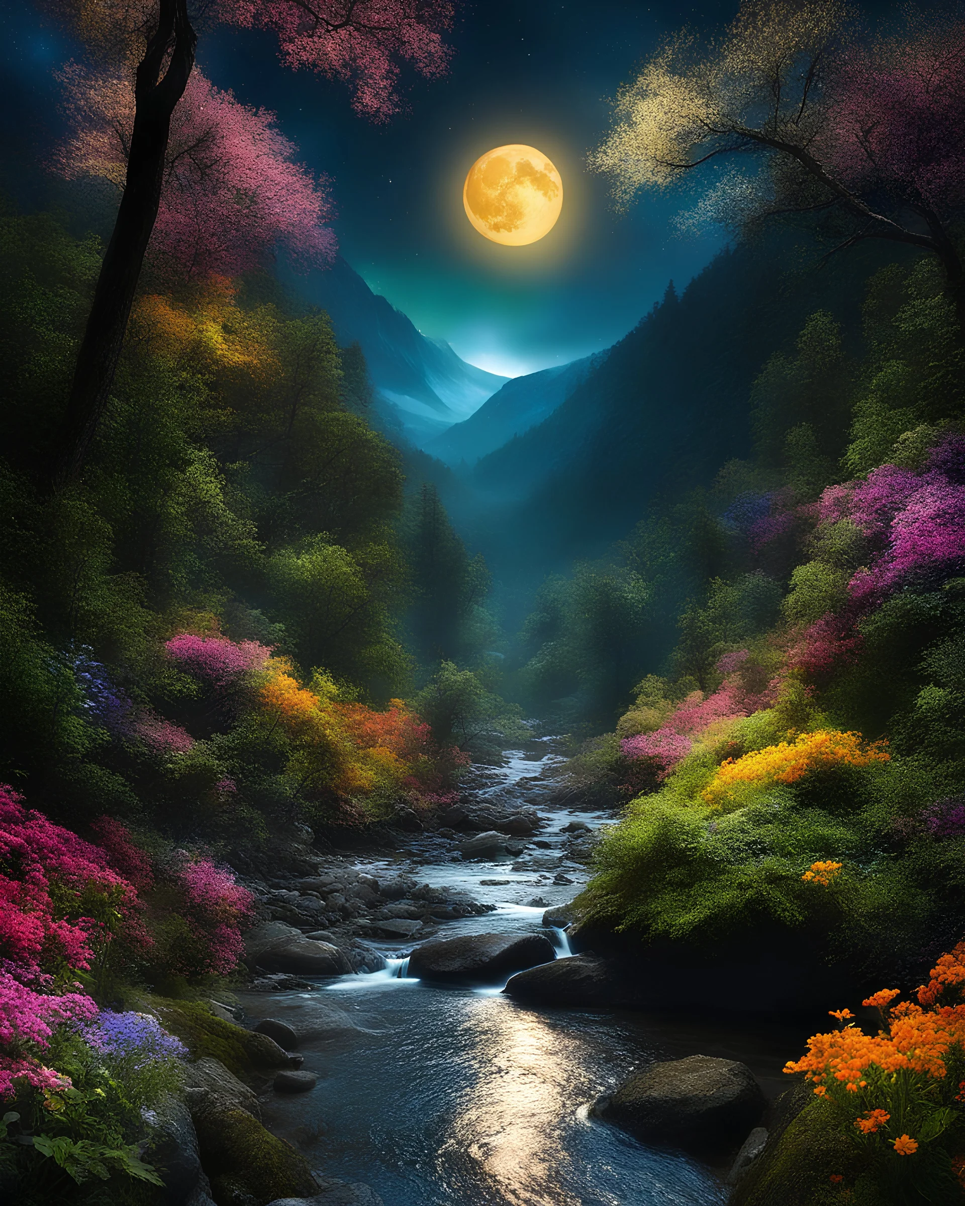 photography night be backpacker man adventure walk in dark night forest,trees,river, day, sun day, an idyliic forest with colorful flowers, mountains, sun,flower, a small river, paradise,night atmosphere in the moonlit night, digital photography art fantasy glowing colors, deep color, fantastucal, intricate details