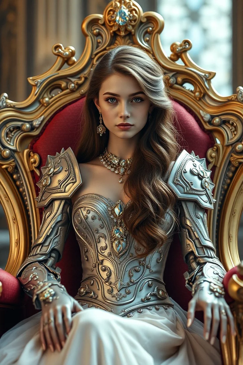 Photography,girl,full body,sitting luxury big chair,looking front view,brown long hair, gown dress mechanical,delicate gold and full diamonds colors crystal jewelrys,silver metalic parts, golden parts, intricate armor, detailed part,Movie Still