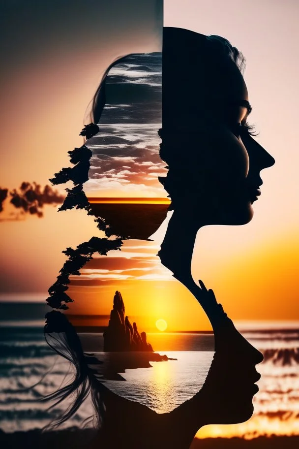 high quality, 8K Ultra HD, A beautiful double exposure that combines an goddess silhouette with sunset coast, sunset coast should serve as the underlying backdrop, with its details incorporated into the goddess , crisp lines, The background is monochrome, sharp focus, double exposure, by yukisakura, awesome full color,