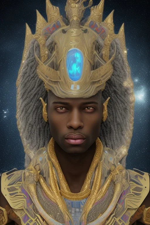 black male African Egyptian alien, cracks in the voodoo head, wicked, diamond eyes, crown, blood, 8k, finely detailed, photo realistic, leopard robe turquoise skull head gold dragon space alien rain skeleton gold teeth silver crown silver space suit spaceships