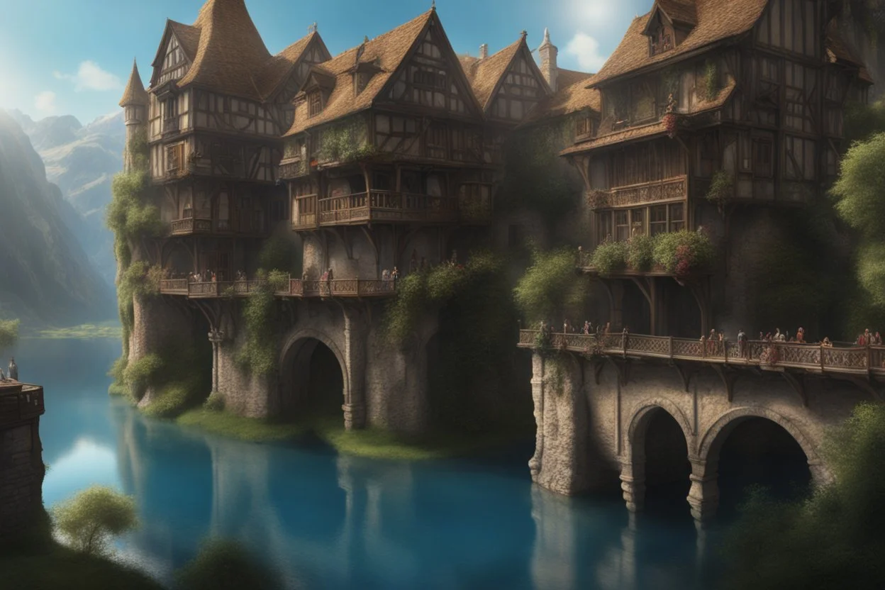 medieval buildings with balconies overhanging lake edge with blue sky and people, photorealism detailed matte painting, fantastical, intricate detail, splash screen, concept art